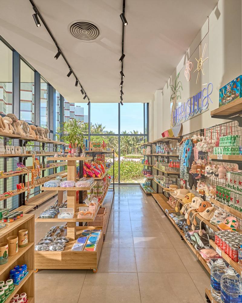 Minimart shelves with snacks and essentials